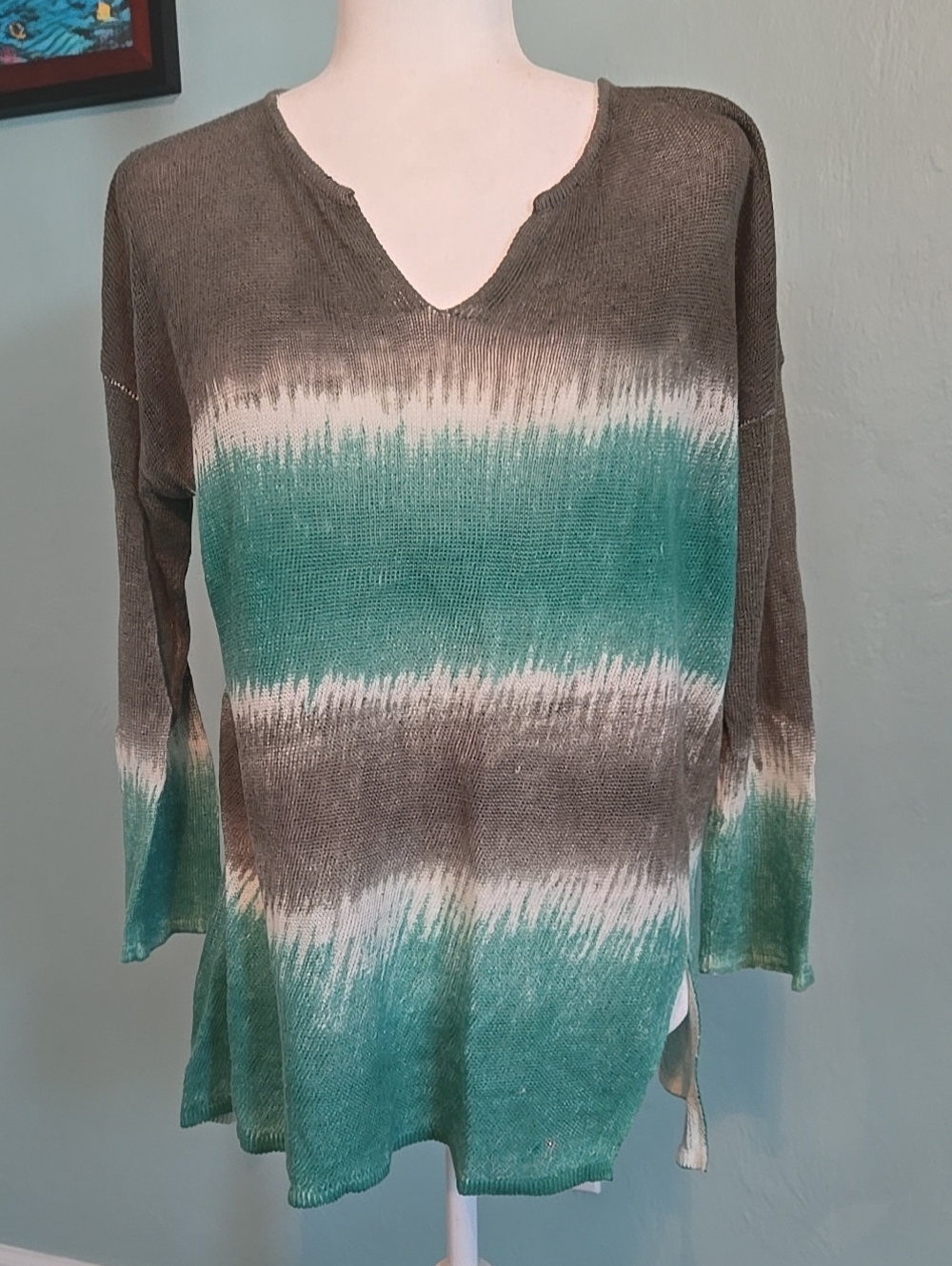 Paradise Shores Lightweight Tie-Dye V-Neck Sweater Top - Green & Brown